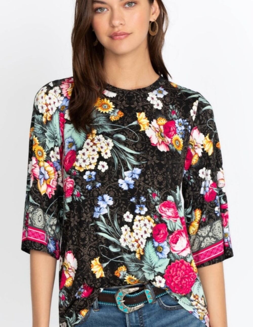 Johnny Was Sistine Bell Sleeve Top Womens XS Floral Stretch Knit Boho Tee